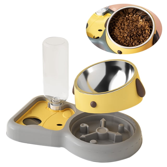 Juego de cuencos de agua para mascotas que evitan que se vuelquen, cuencos dobles para perros y gatos con botella de agua automática para suministros para mascotas, 500 ml, amarillo