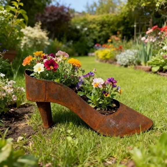 Vintage Rustic High Heel Shoe Planter – Weather-Resistant Iron Flower Pot with Distressed Finish, Whimsical Garden Decor for Patios, Courtyards & Cafe Outdoor Spaces