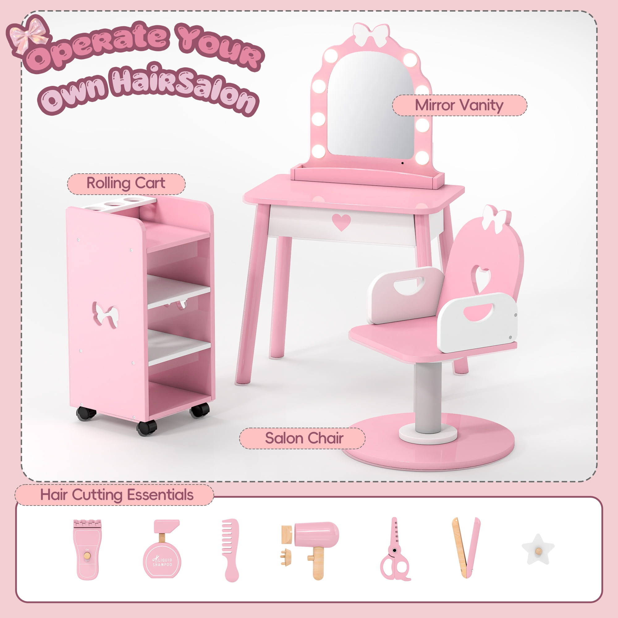 Reasea Kids Vanity Set with Light & Barber Chair, Pretend Play Makeup Dressing Table with Storage Shelf, 7 Pcs Hair Salon Accessories