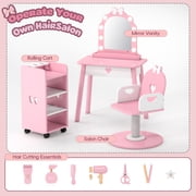 Reasea Kids Vanity Set with Light & Barber Chair, Pretend Play Makeup Dressing Table with Storage Shelf, 7 Pcs Hair Salon Accessories