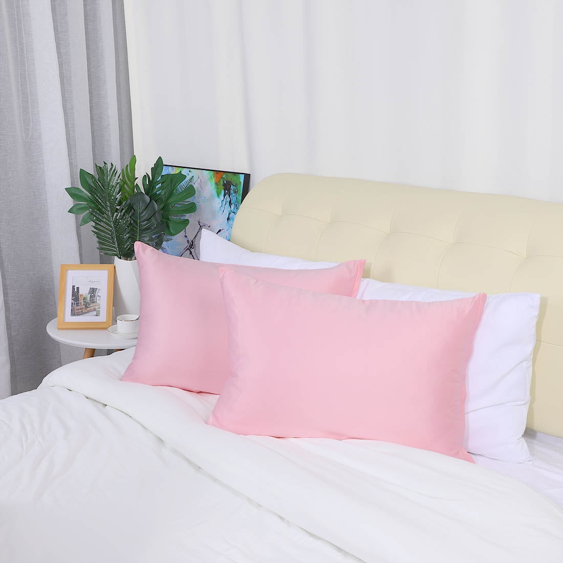 Unique Bargains Pillow Covers Silky Satin Zipper Pillowcases Set of 2 Pink 21" x 31"