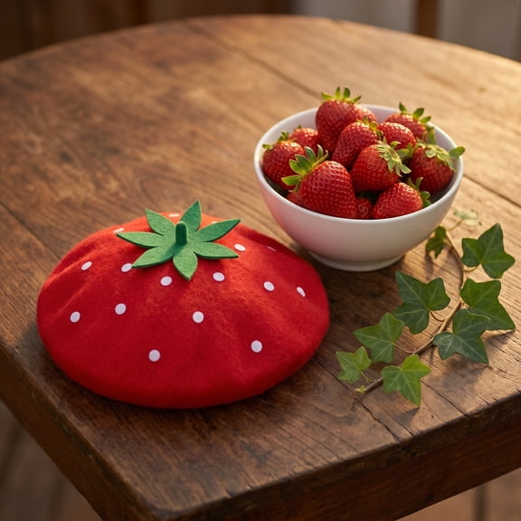 Moluckfu French Style Red Wool Beret Hat with Strawberry Plush Design, Perfect Party Accessory and Fashionable Headwear