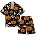 thumbnail image 2 of LIIPEE Men Pajamas Outfits Halloween Cartoon Pumpkin Ghost Printed Short Sleeve Turndown Collar Button Shirt Shorts Set Man Handsome Indoor Outdoor Wear Loungewear Outfits,Black,M, 2 of 3