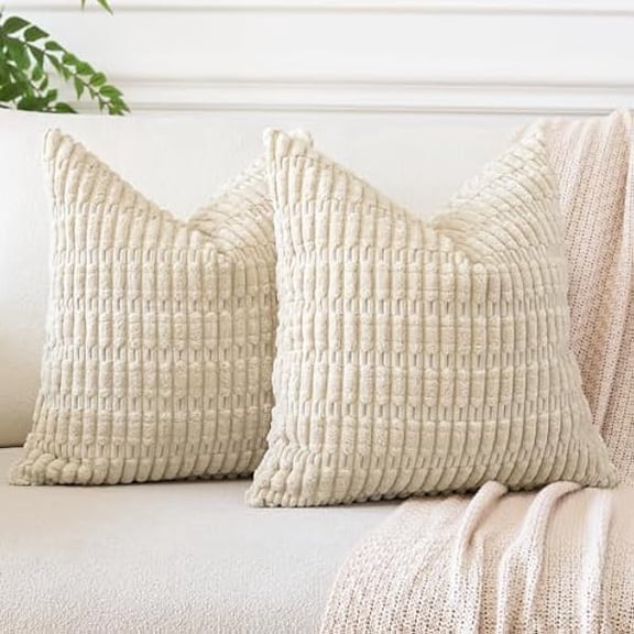 Eryueer Corduroy Soft Striped Decorative Throw Pillow Covers 22x22 Inch Cushion Covers 55x55 cm Cushion Case Square Pillowcase for Couch Sofa Living Room Bed Home Boho Decor Set of 2 (Beige)