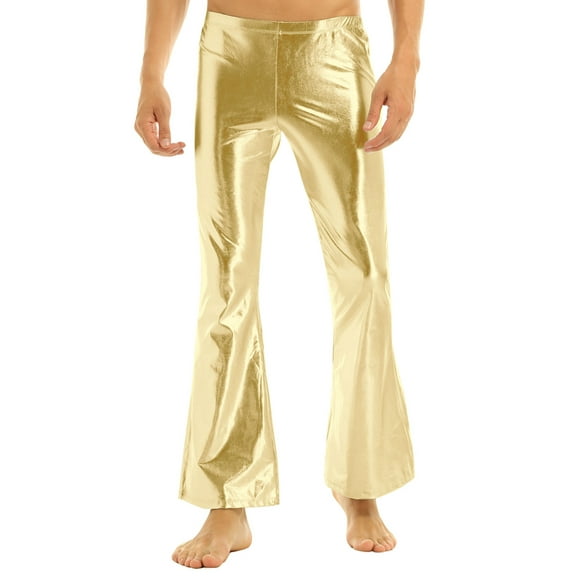 CHICTRY Mens Retro Disco Dance Pants Vintage Bell Bottom Flared Pants Trousers Stage Show Clubwear Gold Medium