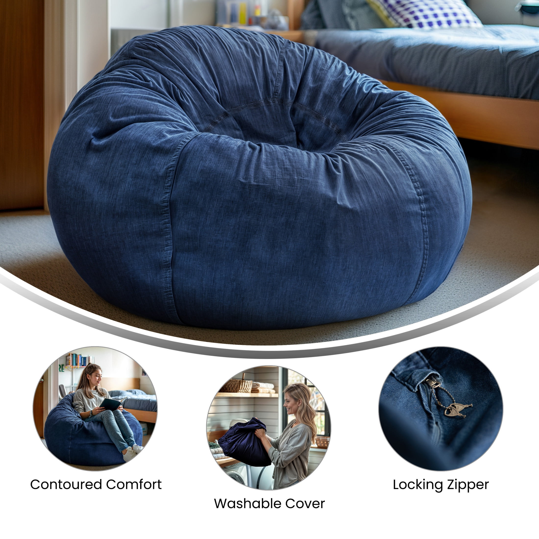 Flash Furniture Duncan Oversized Denim Refillable Bean Bag Chair for All Ages