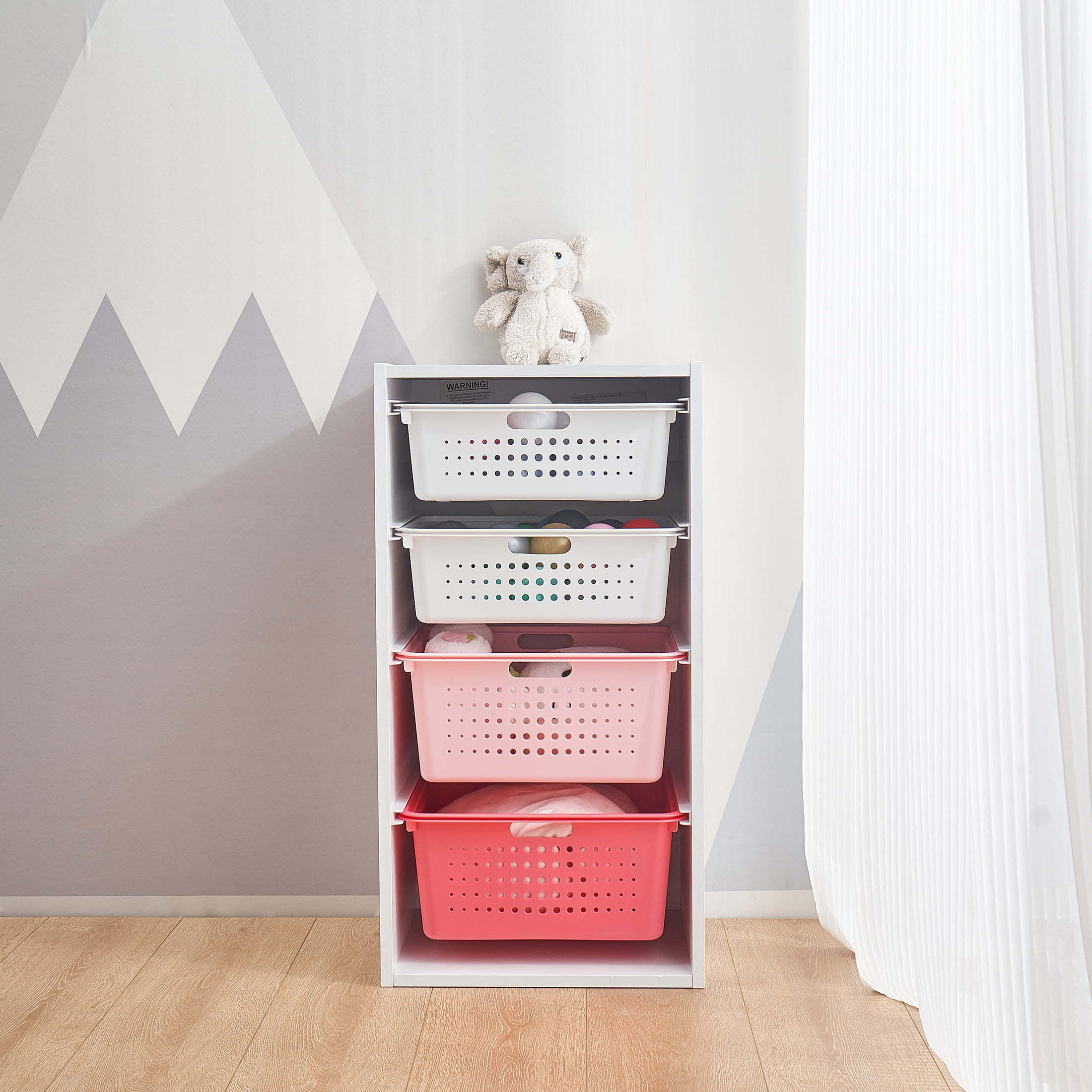Your Zone Kids Sliding Bin Organizer with 4 Storage Bins, Pink  (图3)
