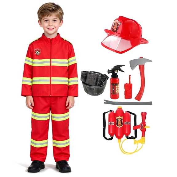Fortwear Kids Firefighter Costume Set with Fire Helmet, Water Gun & Accessories, Boys Fireman Dress Up Outfit for Halloween, Role Play, Party