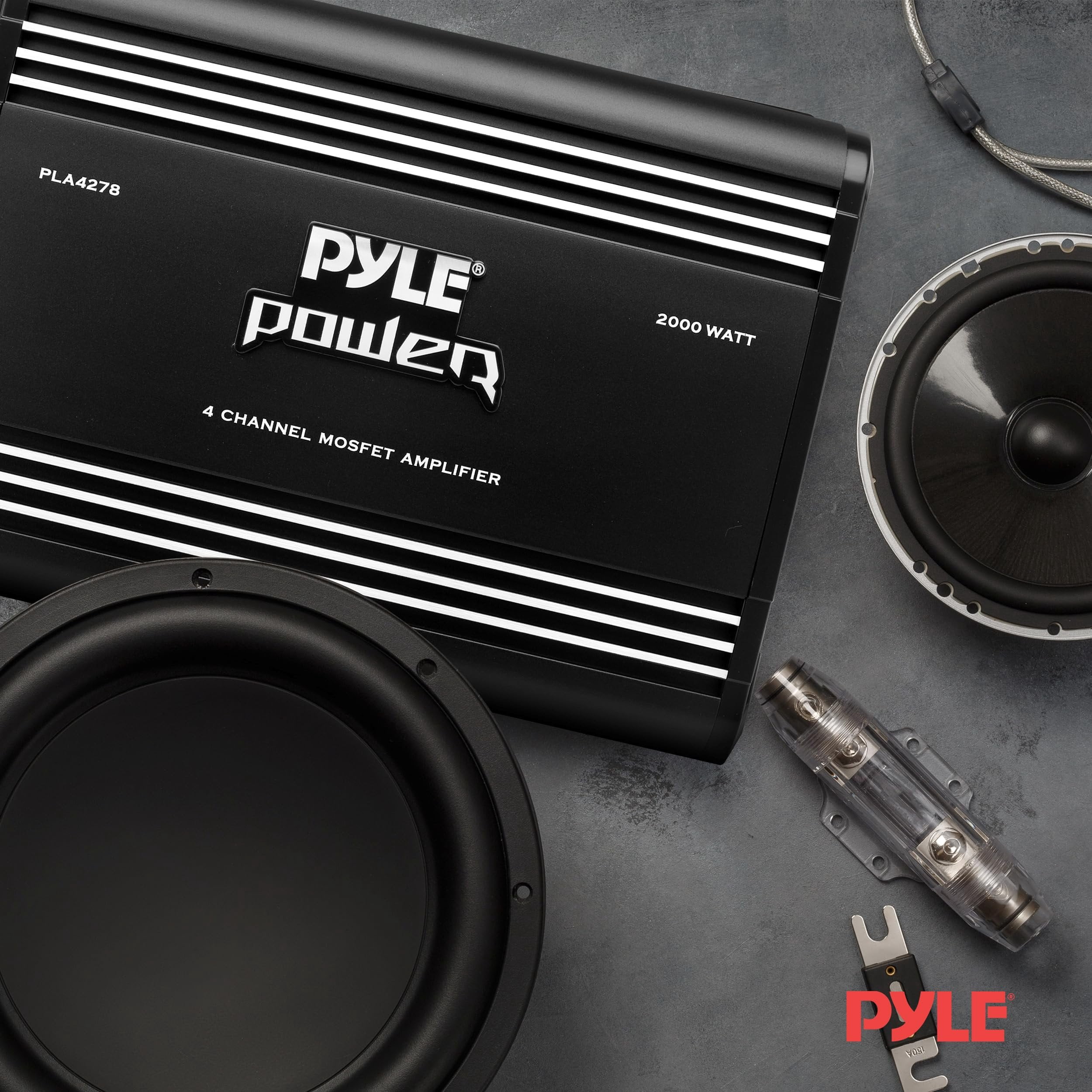 PYLE 4 Channel Car Stereo Amplifier - 2000W High Power 4-Channel Bridgeable Audio Sound Auto Small Speaker Amp Box w/ MOSFET, Crossover, Bass Boost Control, Silver Plated RCA Input Output - PLA4278
