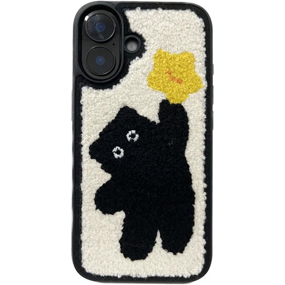 Kawaii Black Cat Phone Case for iPhone 16,Cute Embroidered Funny Kitty Trendy Winter Fuzzy Fluffy Texture Carpet Protective Cover for Cool Girls Women Kids(iPhone 16,Star Cat)