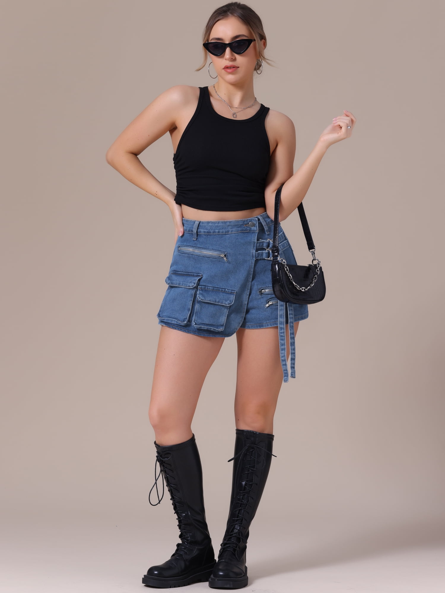 DARING DIVA Women's High Waist Western Asymmetrical Denim Cargo Skirt Shorts XL Blue