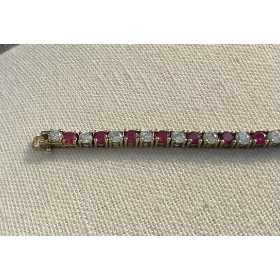 12CT Red Ruby & Diamond Tennis Bracelet – Round Prong Set, 14K Yellow Gold Plated, 925 Sterling Silver Sparkling Bracelet, Gift for Women
