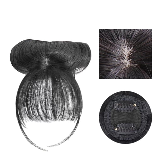 Extensiones de cabello fino con flequillo frontal para mujeres y niñas, seda y Negro natural