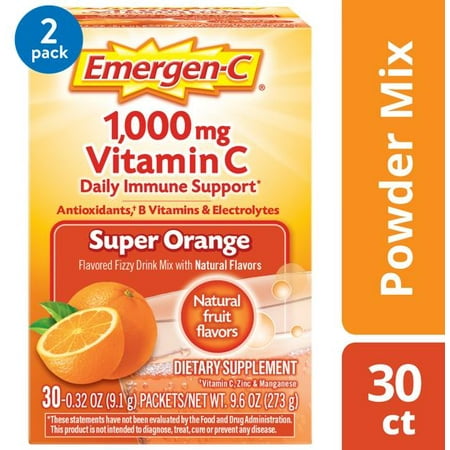 (2 Pack) Emergen-C Vitamin C Drink Mix, Super Orange, 1000 mg, 30 (Best Vitamin C Brand For Glutathione)