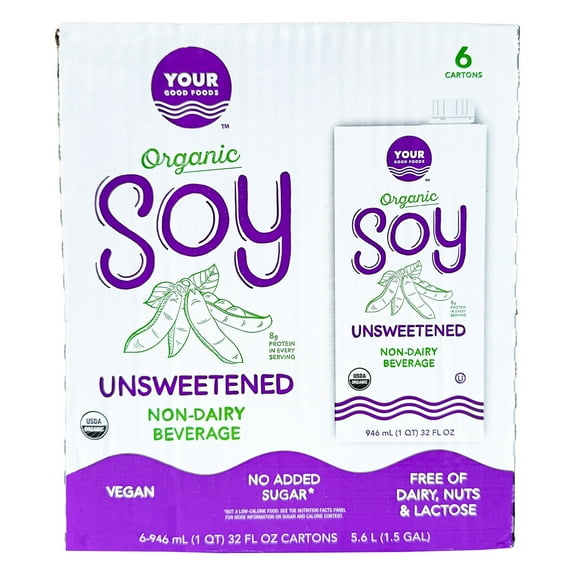 Your Good Foods Organic Unsweetened Soy Beverage, 32 Fluid Ounce (Pack of 6)