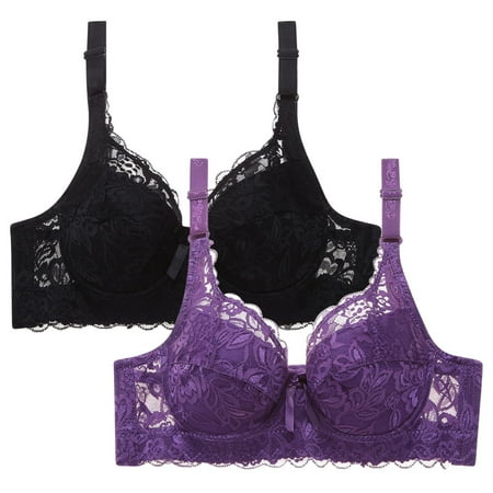 WREESH Womens Lace Bralette Comfortable Everyday Push Up Bra Soft Padded Wireless Plunge Bra Adjustable Strap Underwear 2 Pack Black