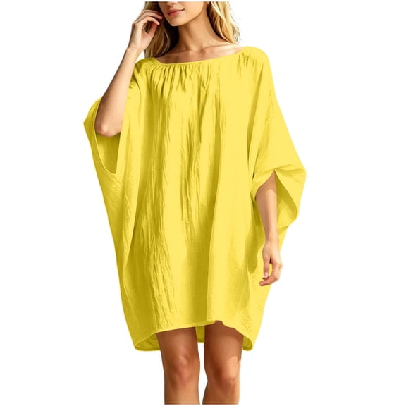Levmjia Women Casual Loose Batwing Sleeve Dress Solid Color Round Neck Tunic Dress With Pockets For Summer Lightweight Breathable Fabric Oversized Fit Flattering