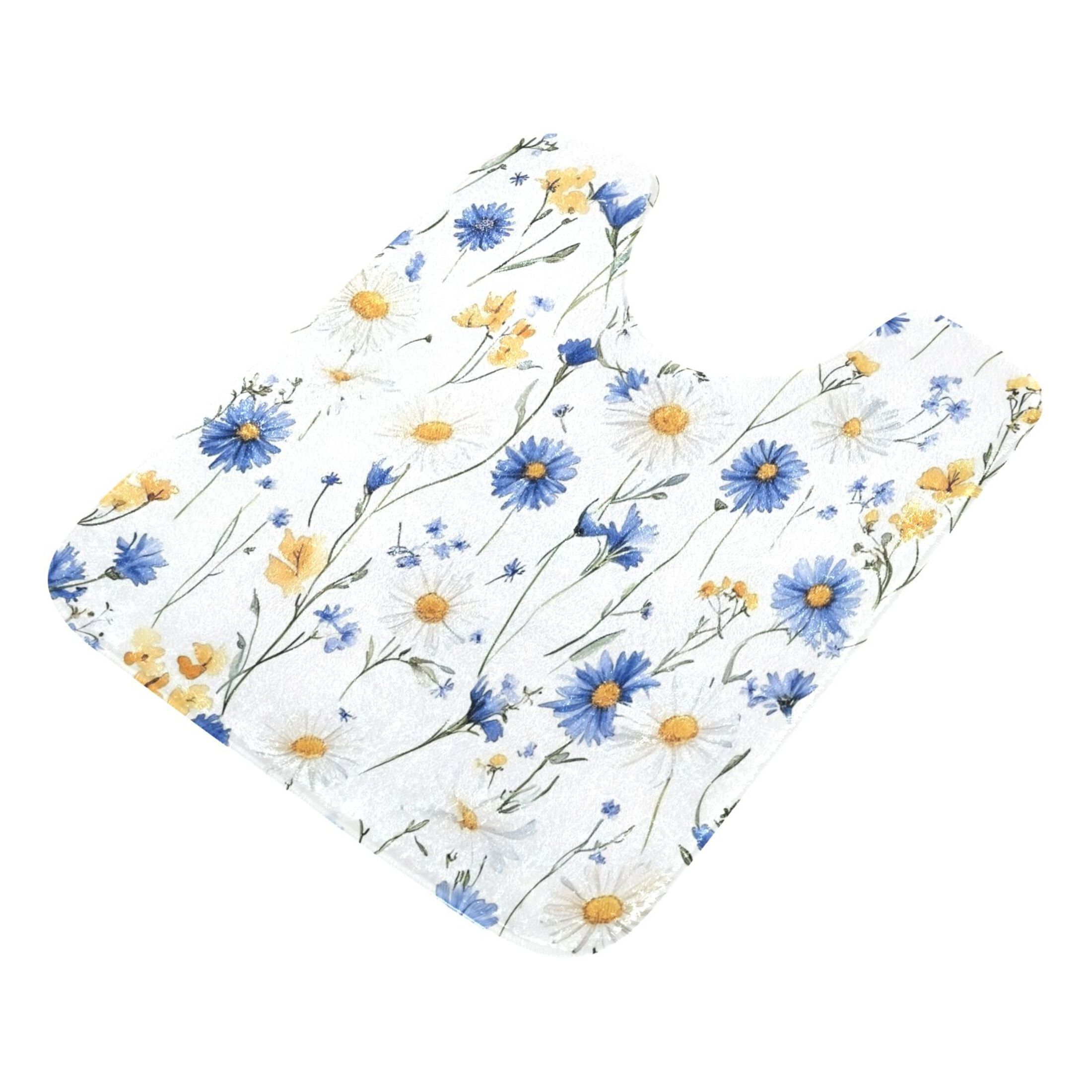 2 Piece Soft Bathroom Rug Set Blue and Yellow Wildflowers Bath Mat and U-Shaped Toilet Contour Rug (16"x24"+20"x24")