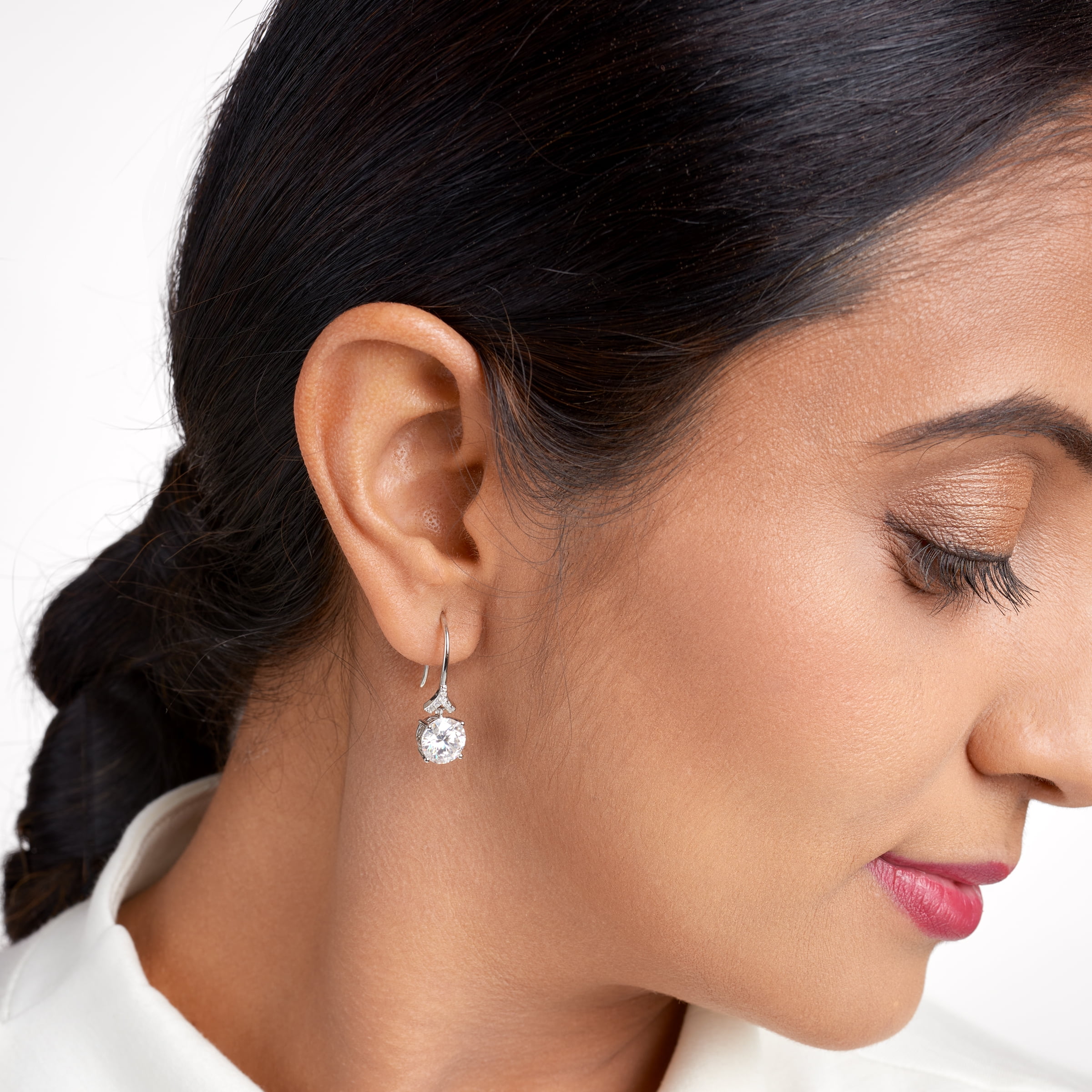 Forever Facets Moissanite Drop Earrings in Rhodium Plated Sterling Silver, Adult Female