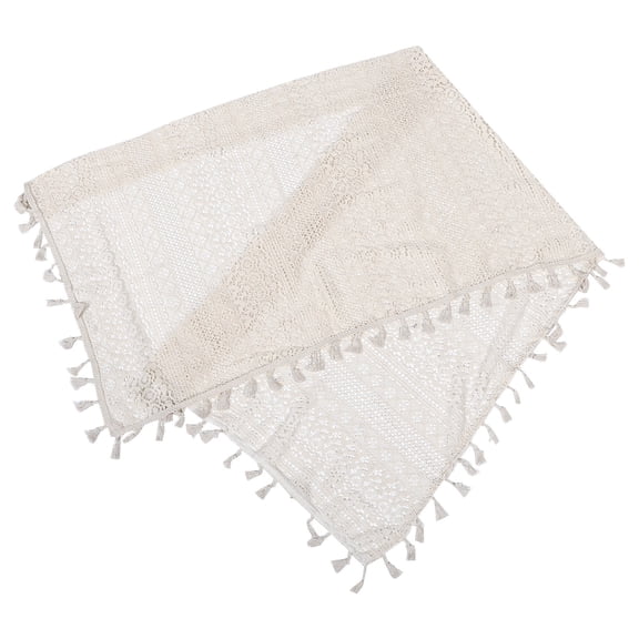 Beige Sheer Crochet Valance with Tassels for Kitchen and Cabinets, Short Decorative Curtain Top