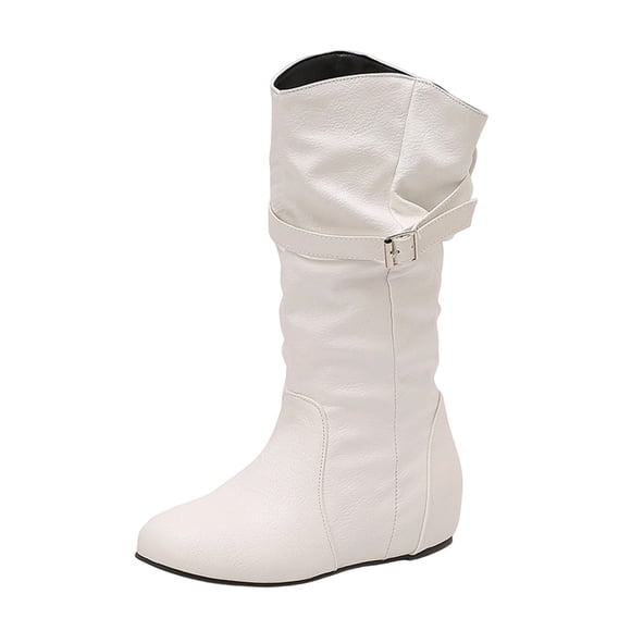 LOVZFMLL Boots for Women Mid Calf Chelsea Boots Round Toe Slip Resistant Flat Heel Height Increase Casual Fall Winter Shoes
