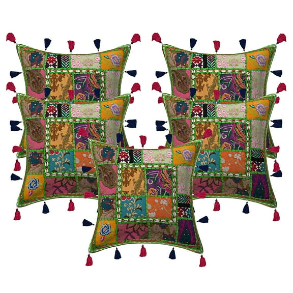 Stylo Culture Indian Chair Seat Throw Pillow Covers 16 x 16 Embroidered Patchwork Cowrie Tassels Parrot Green Tribal Hippie 40cm x 40cm Bedroom Cotton Floral Square Cushion Covers | Set Of 5