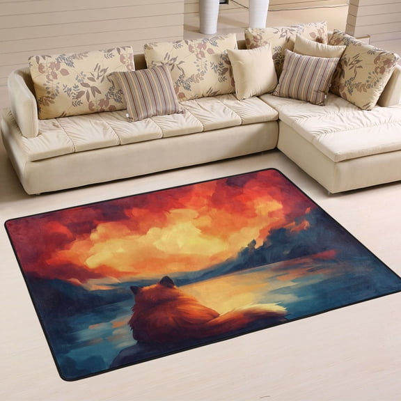 Dog Watching A Sunset Soft Polyester Area Rug 36''x24'', Non Slip, Memory Foam, Water Absorbent