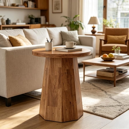 YANGXUN Round End Table Rustic Farmhouse Side Table with Octagonal Base Compact Wooden Nightstand Accent Furniture for Living Room Bedroom