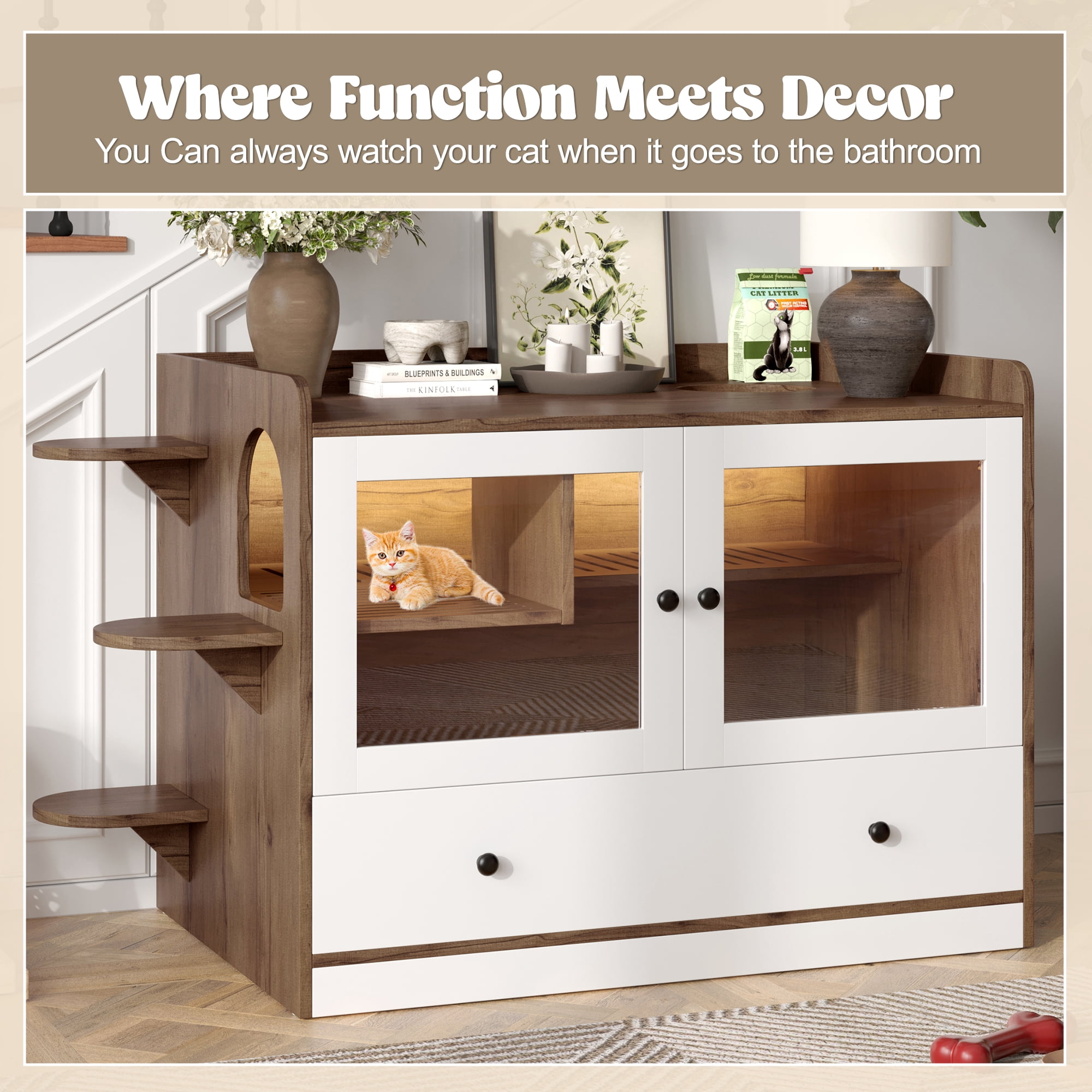 43'' Hidden Cat Litter Box Wooden Furniture Enclosure with Drawer and Stairs Washroom for Bedroom