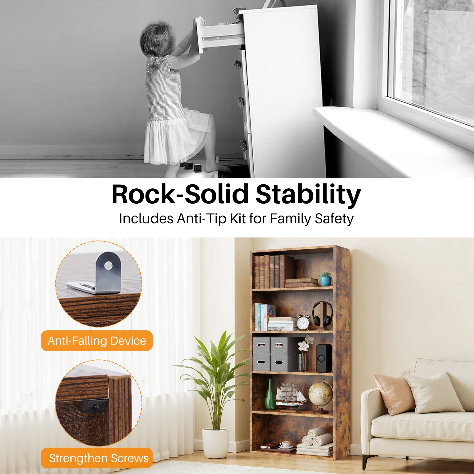 Atilioo 5-Tier Bookcase with Adjustable Shelves, 53" Tall Storage Cube Organizer for Living Room, Bedroom, Easy Assembly, Brown