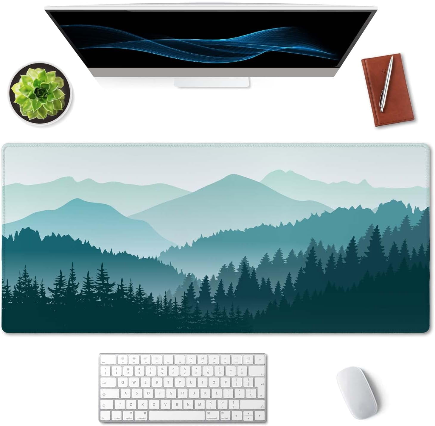 Large Mouse Pad, Full Desk XXL Extended Gaming Mouse Pad 35.5" X 15.7", Waterproof Desk Mat with Stitched Edge, Non-Slip Laptop Computer Keyboard Mousepad for Office & Home, Green Mountain Landscape