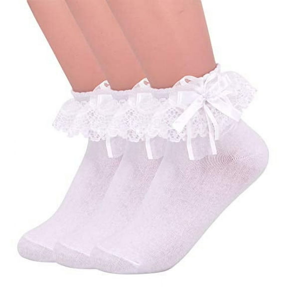 SEMOHOLLI Women Ankle Socks,Lace Ruffle Frilly Comfortable Princess Socks Lace Socks (3 Pairs-white)