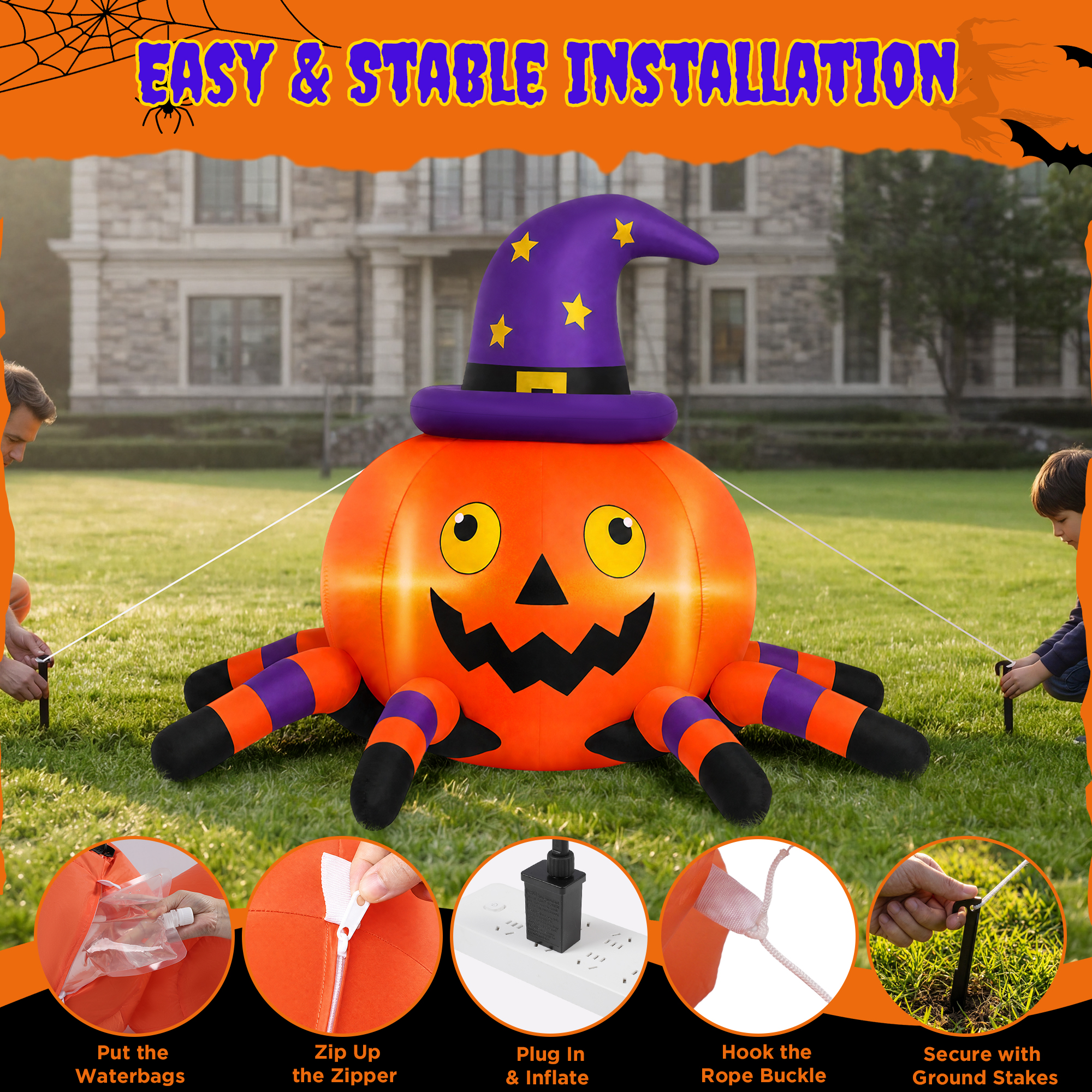 Firstness 6.2 Ft Halloween Inflatable, Pumpkin Spider with LED Lights photo 4