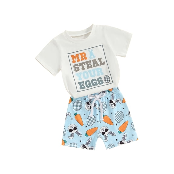 Toddler Boys Easter Outfits Letter Print Short Sleeve T-Shirt Tops Elastic Shorts for 2 Piece Vacation Clothes Set