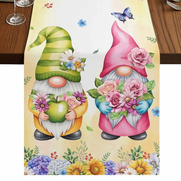 Spring Floral Gnomes Sunflowers Daisy Butterfly Table Runner for Dining Table, Decorative Table Linen for Kitchen, Dining Room Tabletop Décor, Machine Washable, 13"x48"