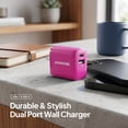 thumbnail image 2 of Powertek Neon Pink Dual Port Wall Charger 20W USB-C PD + 18W USB-A Fast Charging Block for compatbile iPhone, Android, Tablets & USB Devices, Compact Travel Adapter, 2 of 5