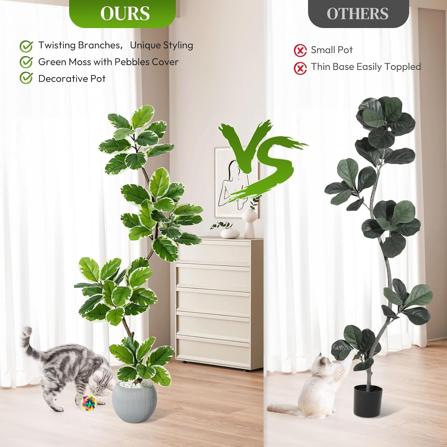 Fiddle Leaf Fig Tree Artificial Indoor, 5 ft Tall Faux Rubber Tree with Sphere Planter, Tall Artificial Plants with Moss for Home Decor Office Living Room