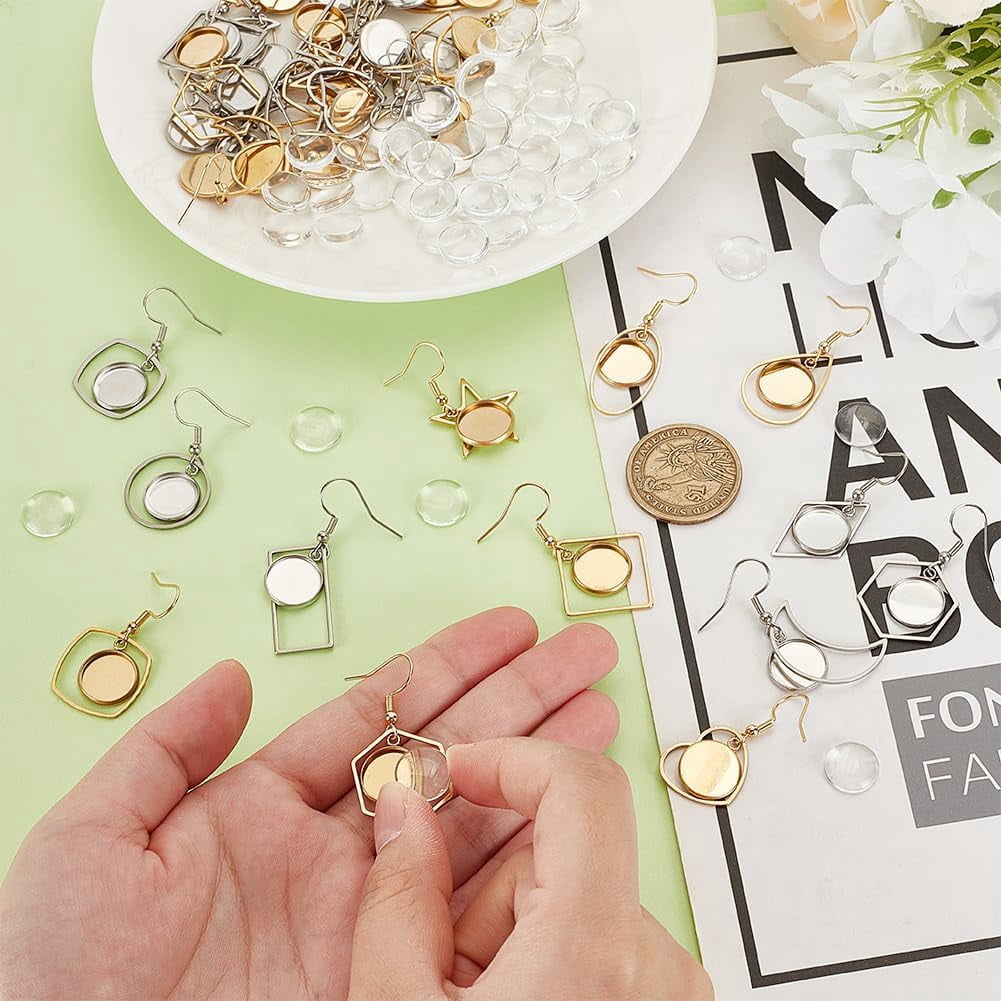 28 Pairs Stainless Steel Earring Blank Settings 14 Styles Stainless Steel Dangle Earring Making Kit with Glass Cabochons 45mm Blanks Pendant with Clear Dome for Jewelry DIY Making