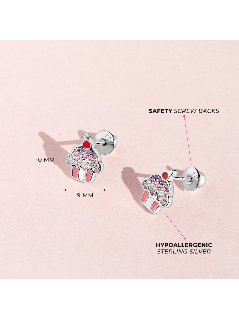 Colorful CZ Cupcake Baby / Toddler / Kids Earrings Screw Back - Sterling Silver