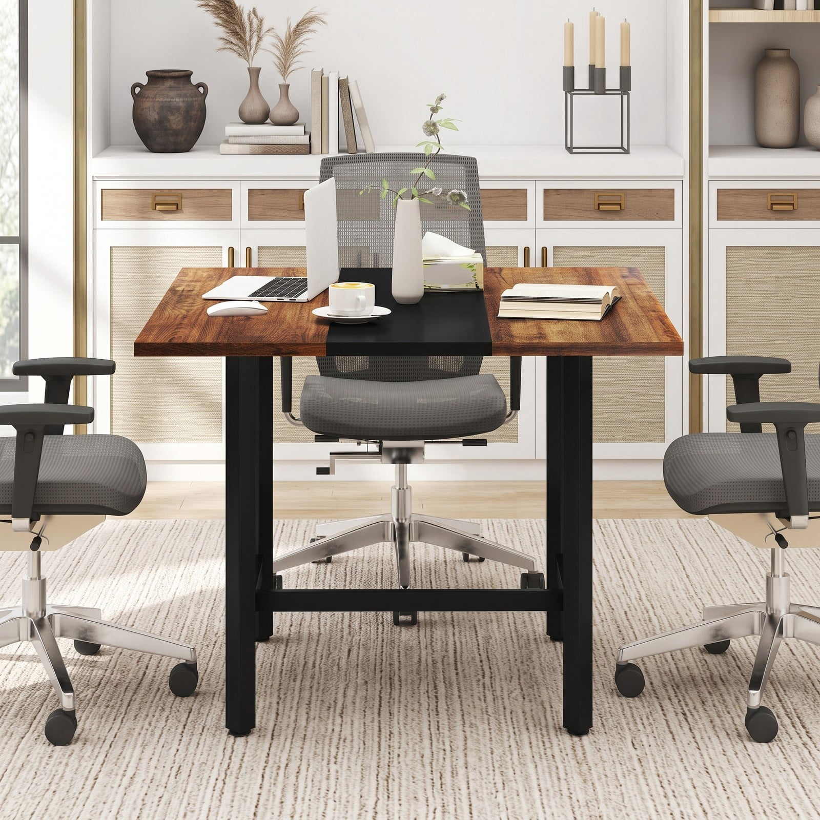 Furnibear 39.5 Inch Square Conference Table, Meeting Room Table with Thickened Tabletop and Reinforced H-Shaped Metal Frame, Seats 4 for Office Working, Rustic Brown