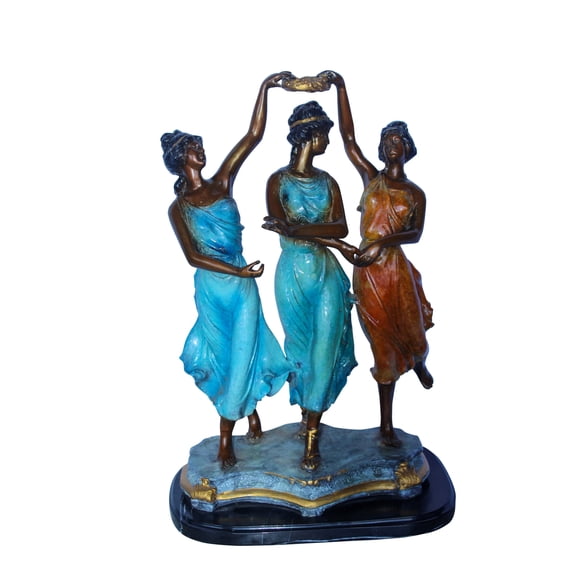 Nifao Three Dancing Ladies, Colorful Bronze Statue on a marble base – Home Decor Sculpture, 15"L x 10"W x 23"H