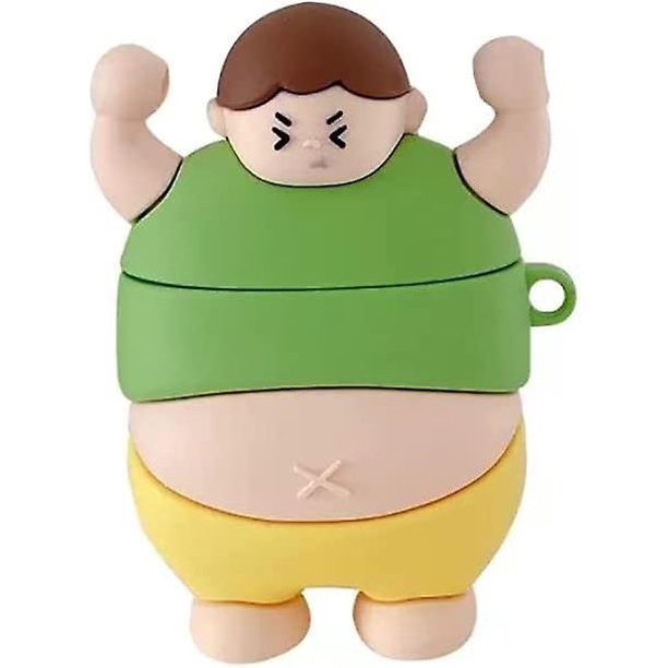 Compatible con funda para auriculares Airpods 1/2 (niño verde), dibujos animados creativos de levantamiento de pesas, protección de silicona para niños y niñas gorditos, linda funda anticaídas
