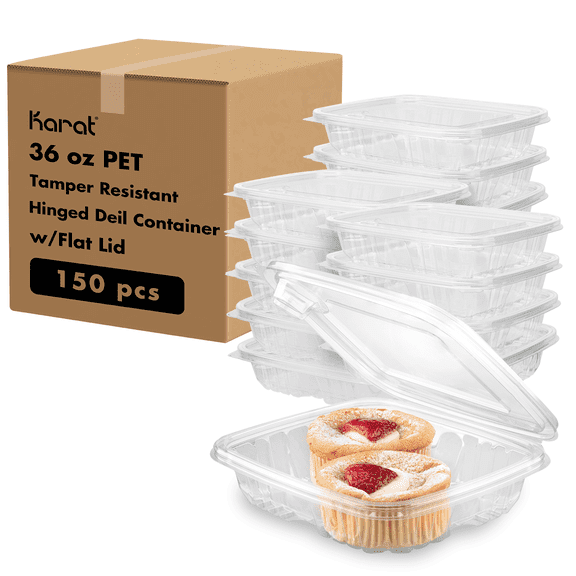 Karat 36oz PET Tamper Resistant Hinged Deli Container w/Flat Lid, Rectangular - 150 pcs