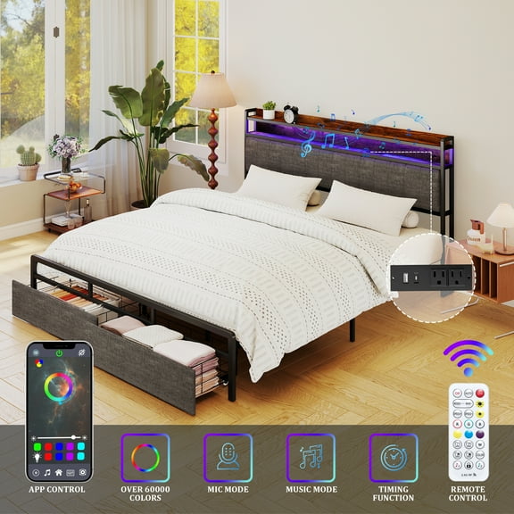 Furnibear LED Queen Bed Frame with Upholstered Storage Headboard and Drawers, LED Platform Bed with Charging Station, No Box Spring Needed