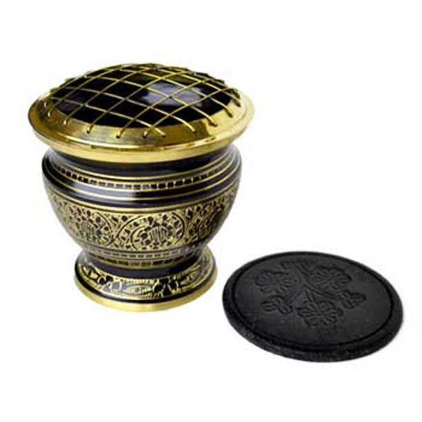 Incense Burner Etched Bowl in Black Relief Brass Screen Lattice Top