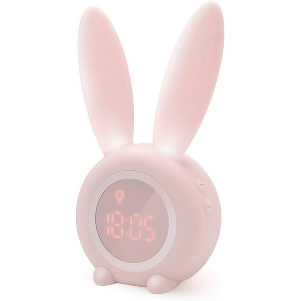 Bonito reloj despertador de inducción con forma de conejo, ajuste automático inteligente de luz de respiración, visualización automática de hora/fecha/temperatura, control de voz o temblor (rosa) JAMW Sencillez