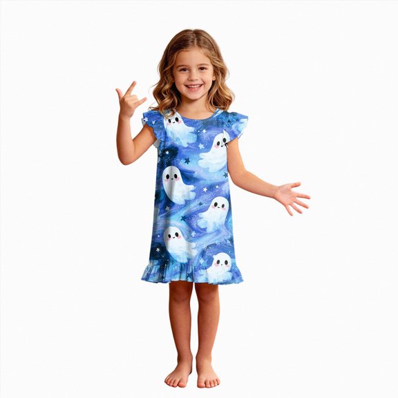 NIEWTR Halloween for Girls Flutter Sleeve Nightgown Summer Casual Cartoon Print Dress