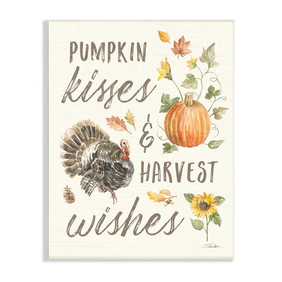 Stupell Industries Pumpkin Kisses Harvest Wishes Phrase Wild Turkey Animals & Insects Painting Unframed Art Print Wall Art, 10 x 15