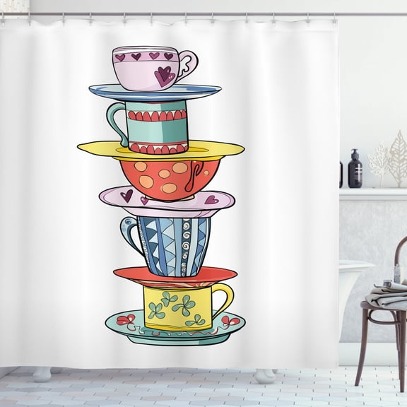 Ambesonne Tea Shower Curtain, Hand Drawn Art Colorful Cups, 69"Wx70"L, Multicolor