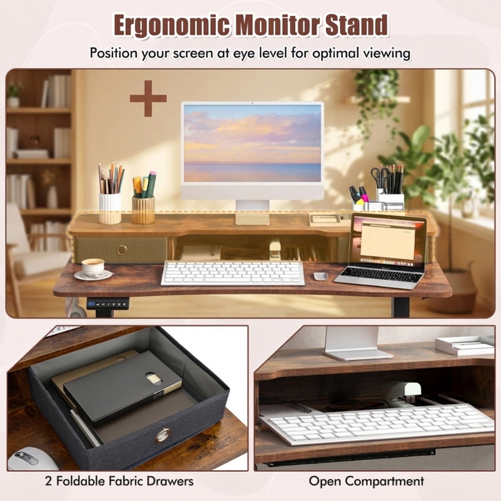 Furnibear 48 x 24 Inch Electric Height Adjustable Standing Desk with 2 Fabric Drawers Monitor Stand Memory Settings Rustic Brown